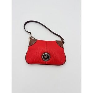 Dooney & Bourke Red Pebbled Leather Wristlet Pouch Brown Trim Logo Medallion